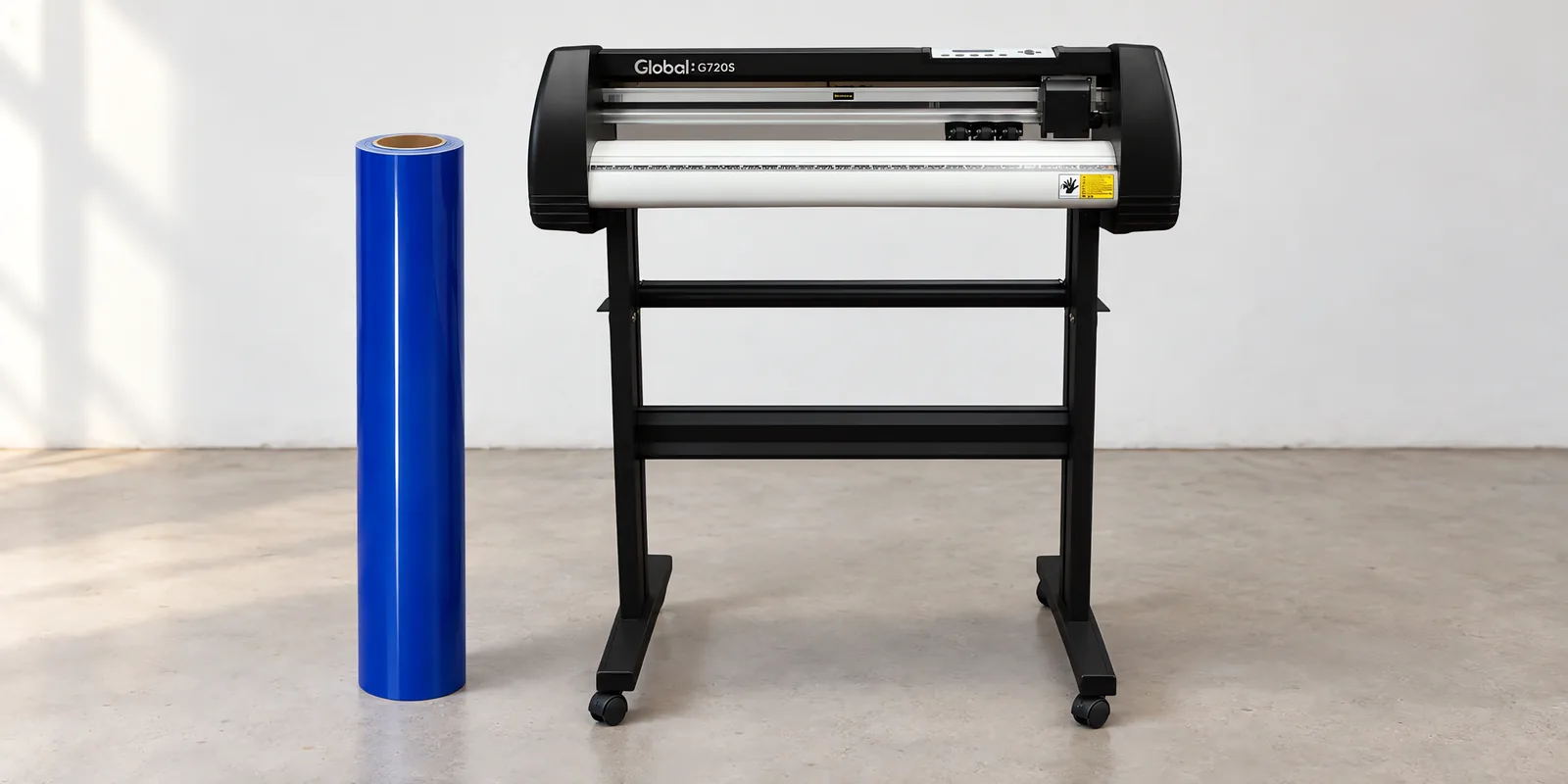 Rollo de vinilo de corte brillante, parado junto al plóter de corte