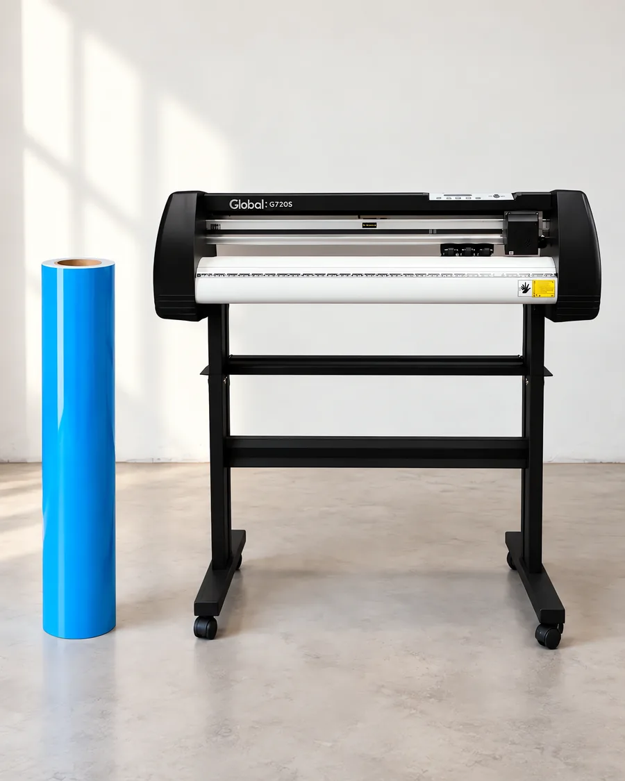 Rollo de vinilo de corte brillante, parado junto al plóter de corte