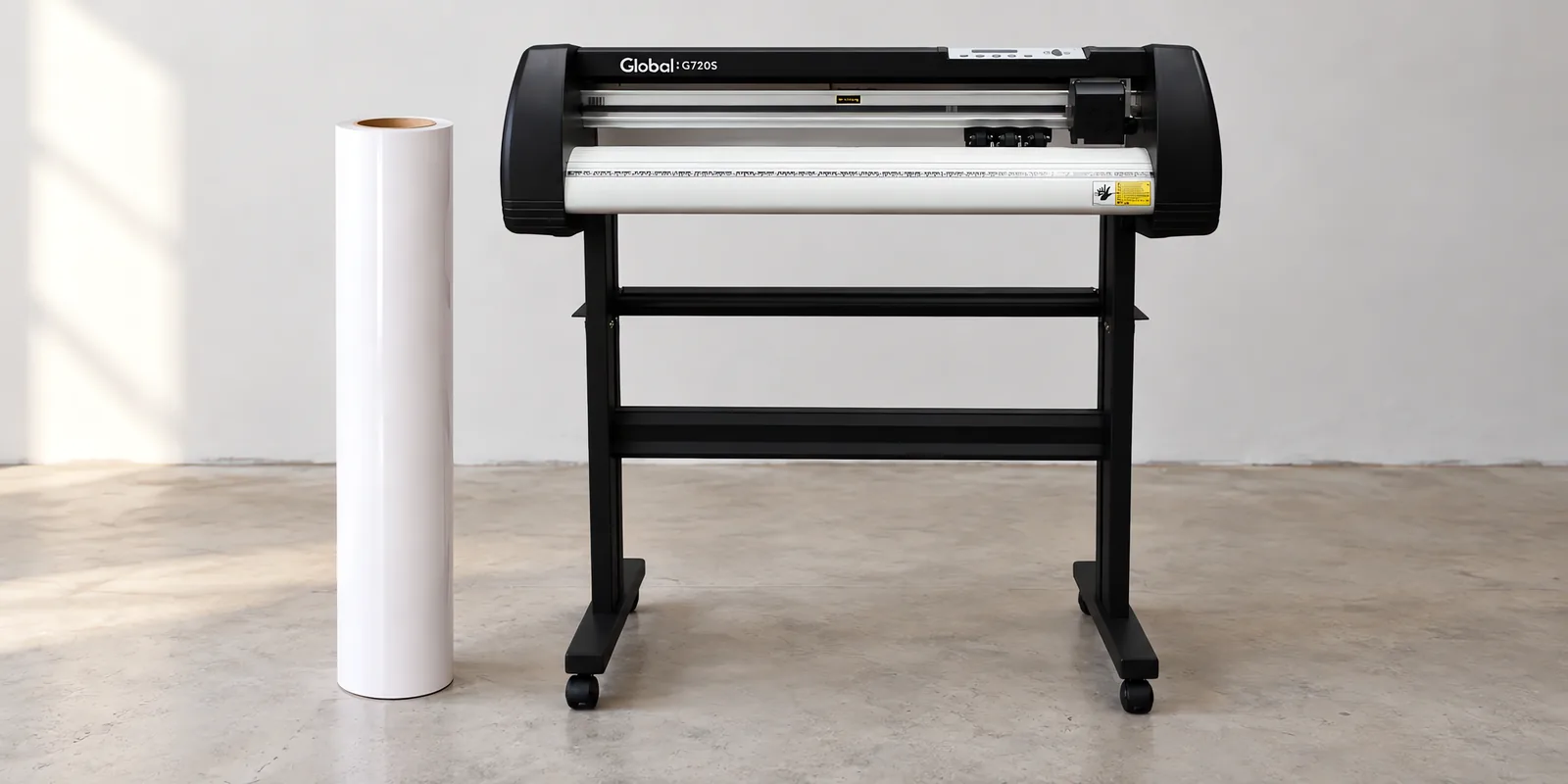 Rollo de vinilo de corte brillante, parado junto al plóter de corte