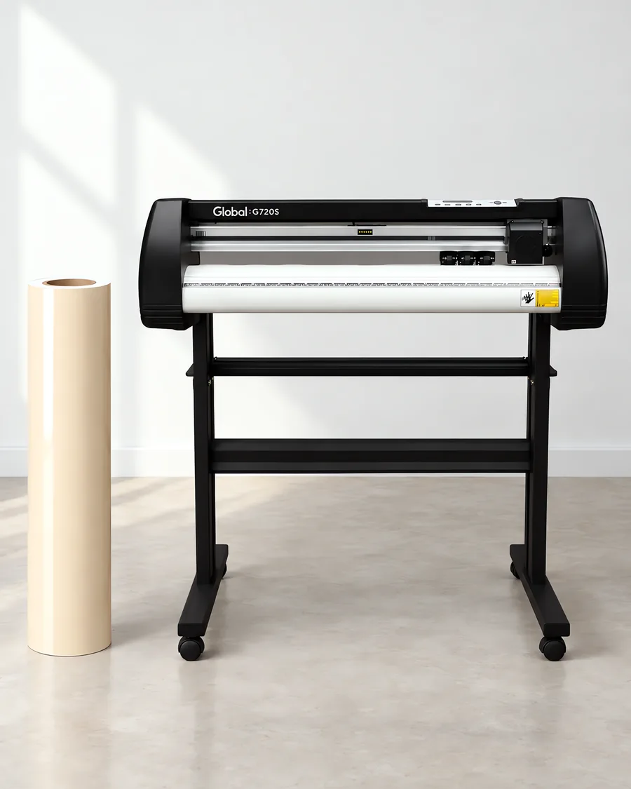 Rollo de vinilo de corte brillante, parado junto al plóter de corte