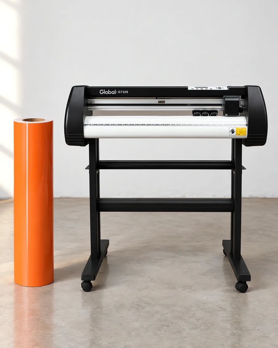 Rollo de vinilo de corte brillante, parado junto al plóter de corte