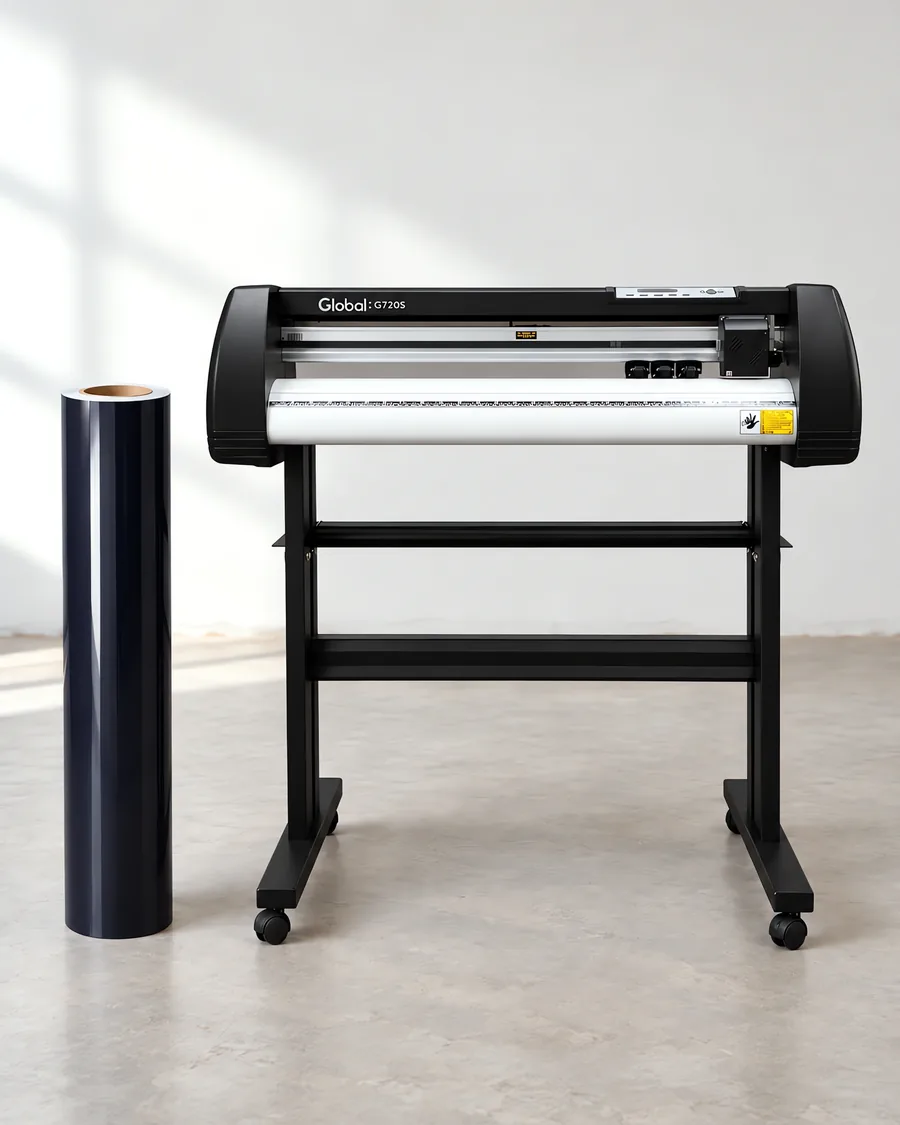 Rollo de vinilo de corte brillante, parado junto al plóter de corte
