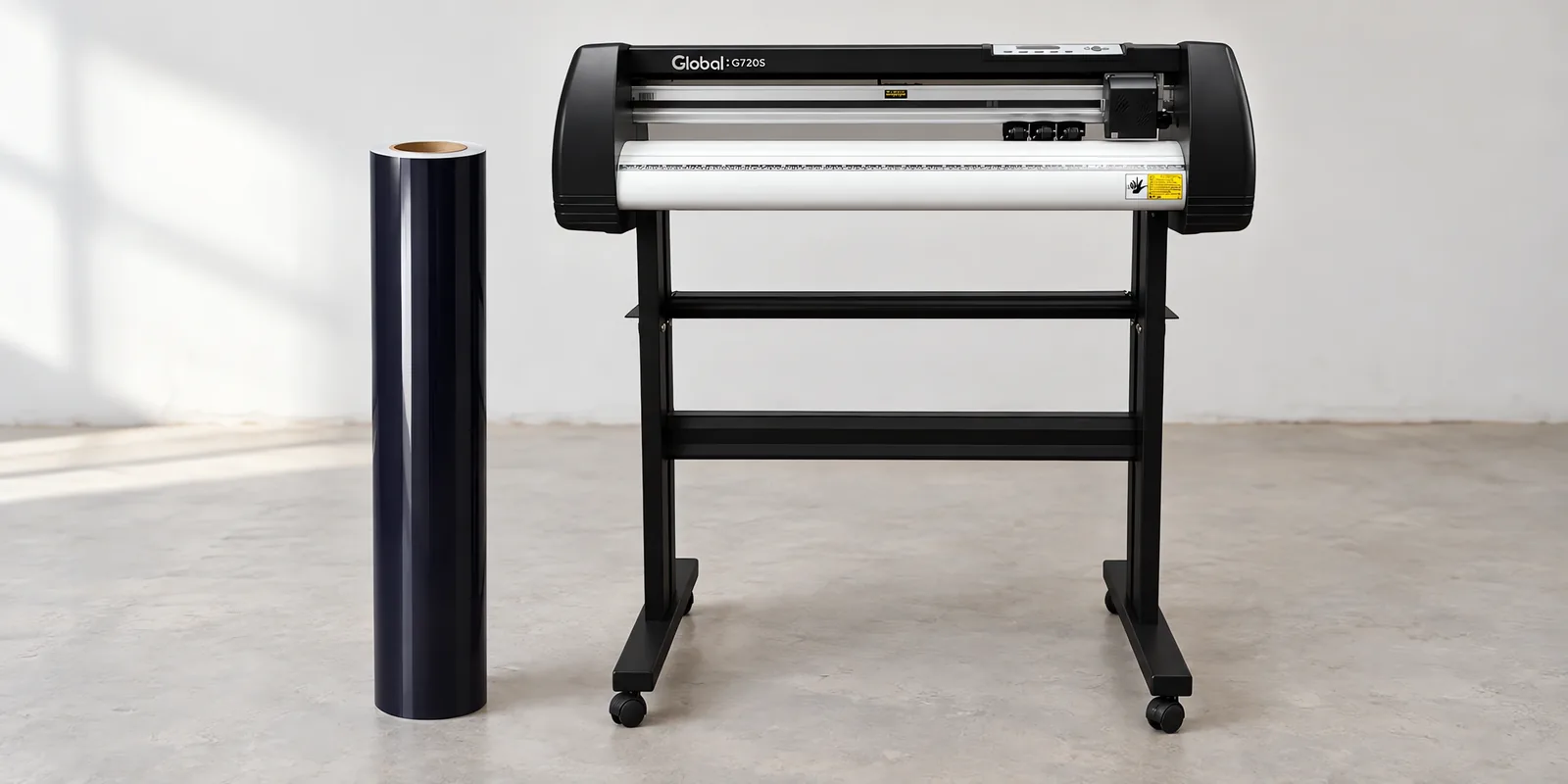 Rollo de vinilo de corte brillante, parado junto al plóter de corte
