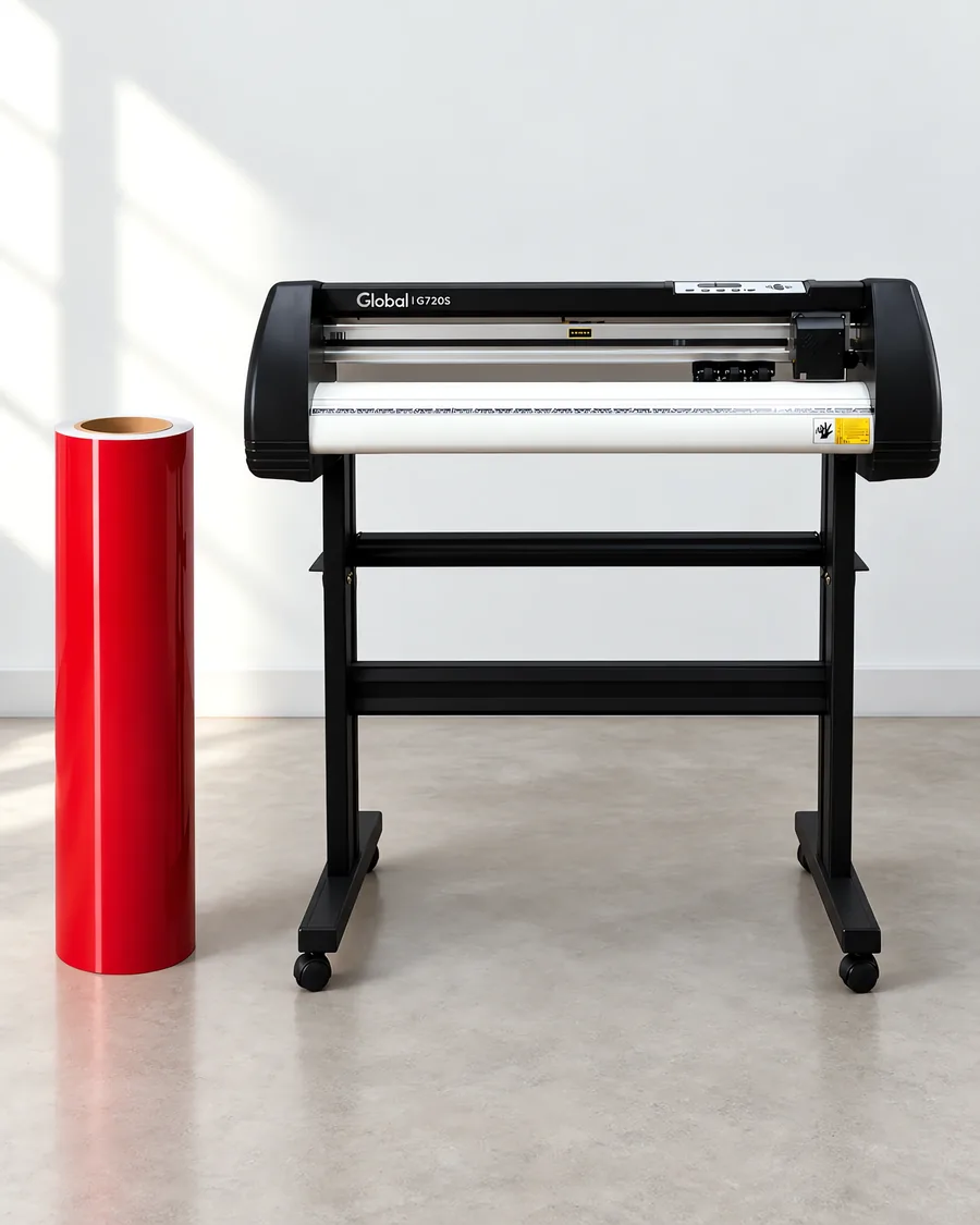 Rollo de vinilo de corte brillante, parado junto al plóter de corte