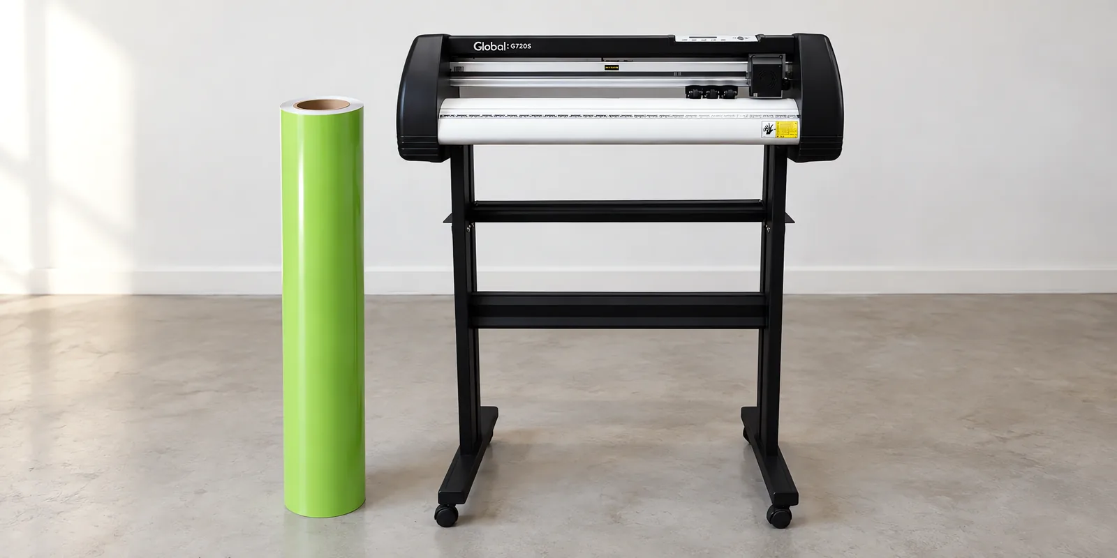 Rollo de vinilo de corte brillante, parado junto al plóter de corte