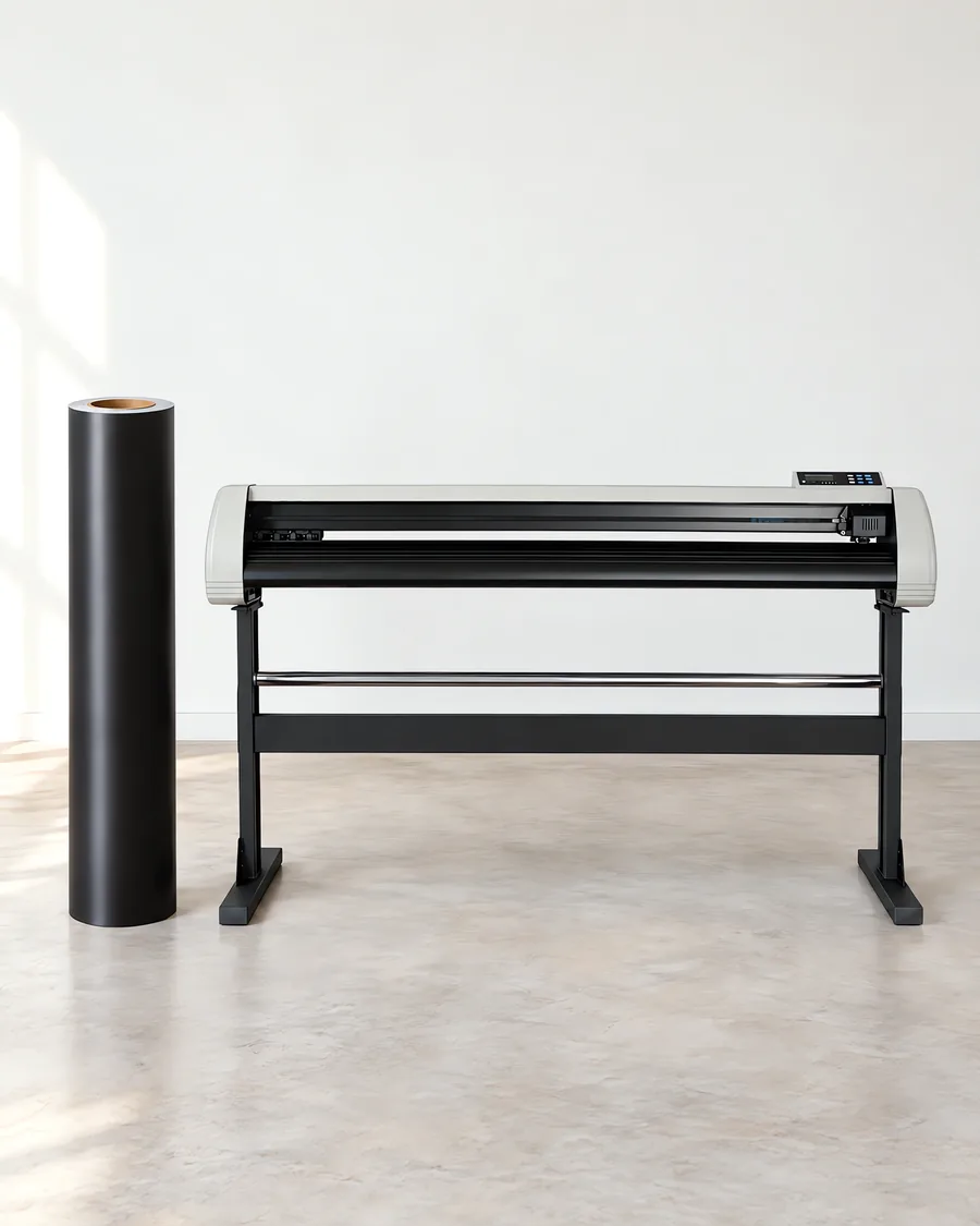 Rollo de vinilo de corte mate, parado junto al plóter de corte