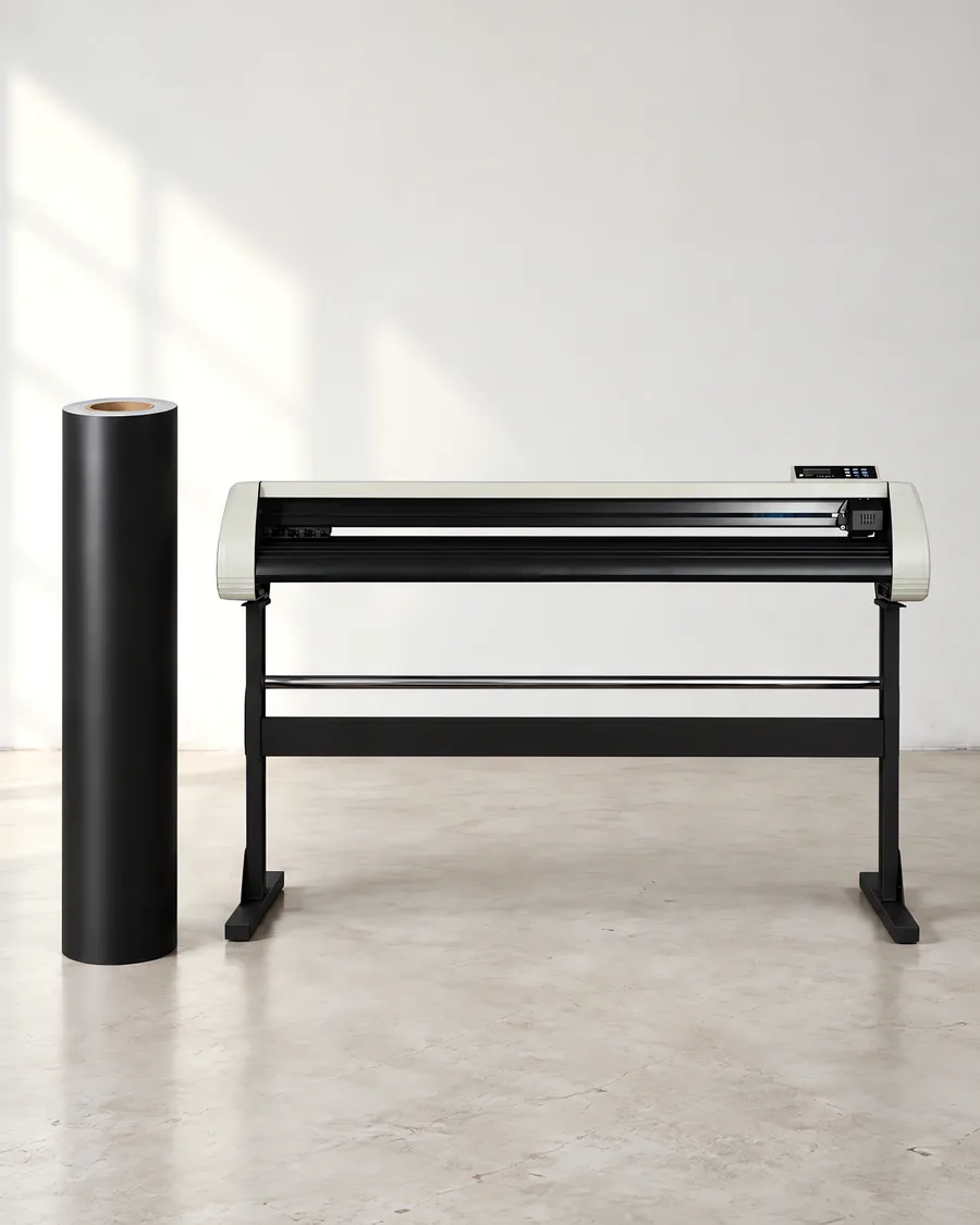 Rollo de vinilo de corte mate, parado junto al plóter de corte