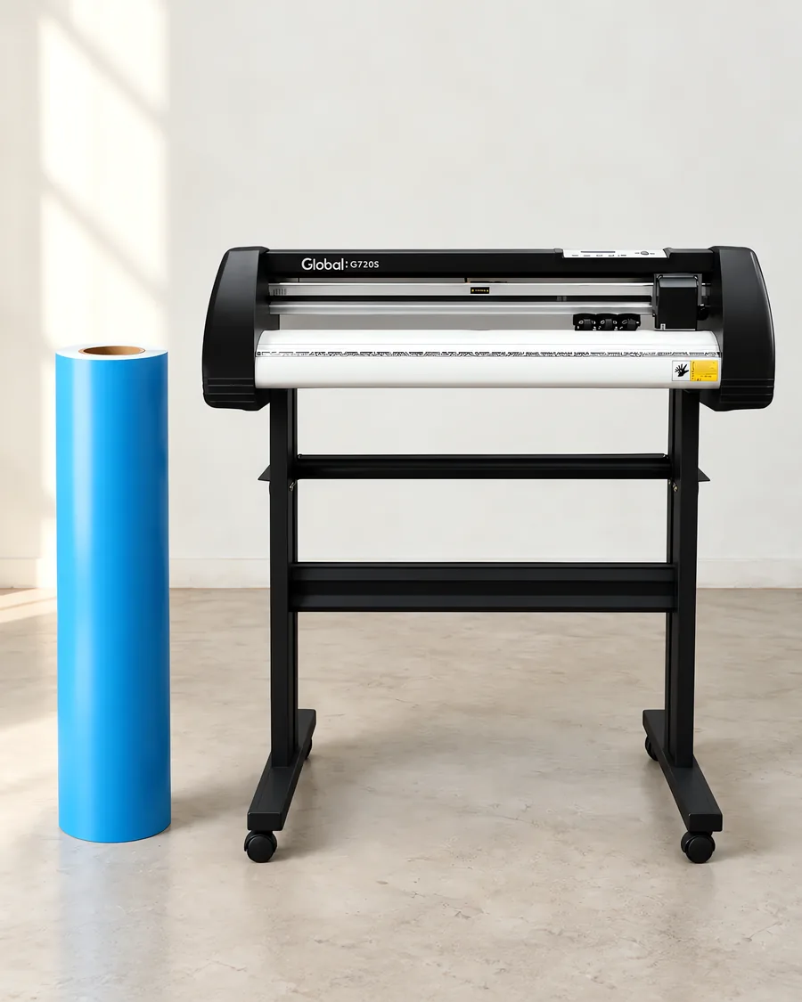 Rollo de vinilo de corte mate, parado junto al plóter de corte