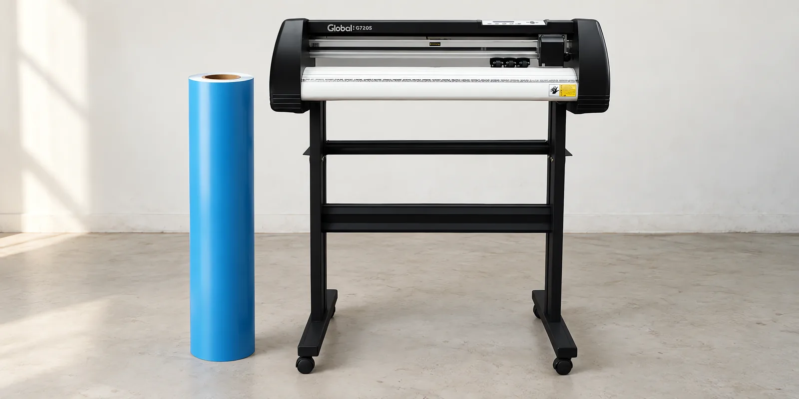 Rollo de vinilo de corte mate, parado junto al plóter de corte