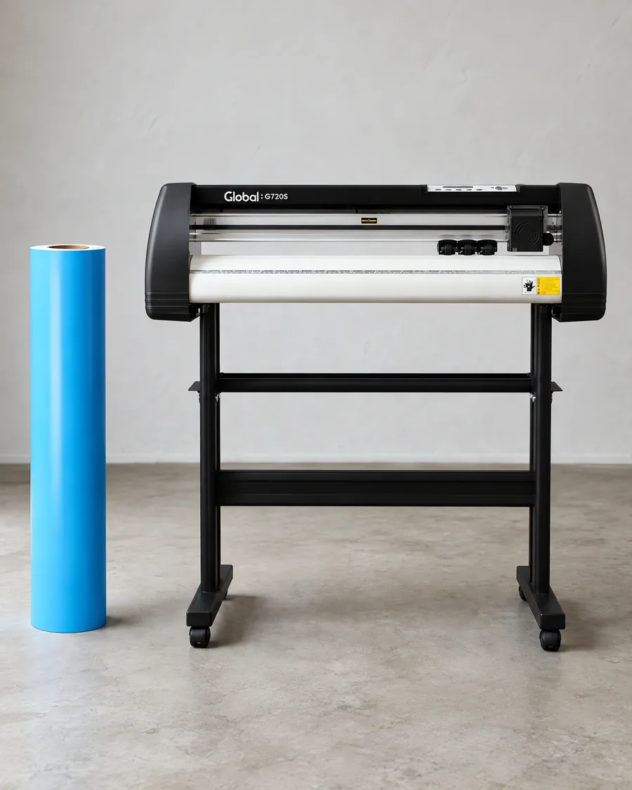 Rollo de vinilo de corte mate, parado junto al plóter de corte