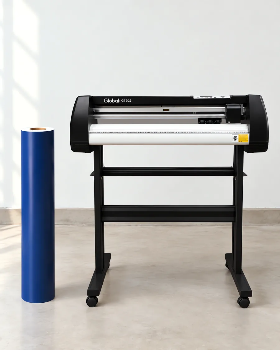 Rollo de vinilo de corte mate, parado junto al plóter de corte