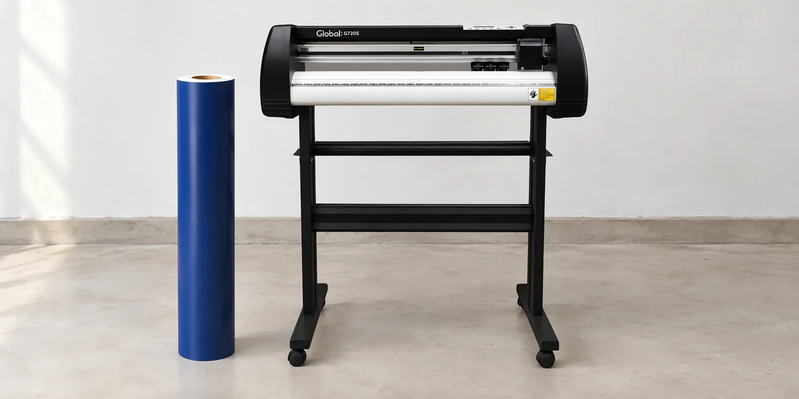 Rollo de vinilo de corte mate, parado junto al plóter de corte