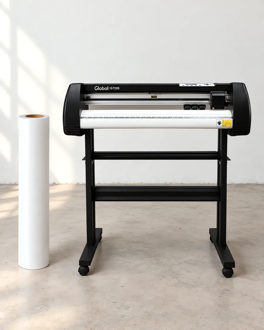 Rollo de vinilo de corte mate, parado junto al plóter de corte