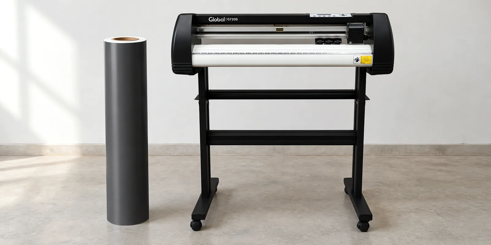 Rollo de vinilo de corte mate, parado junto al plóter de corte