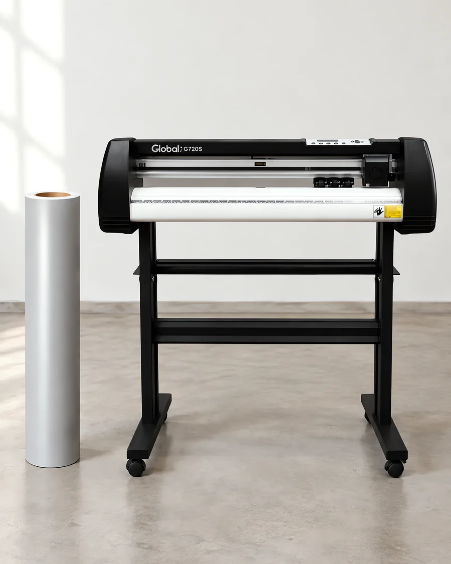 Rollo de vinilo de corte mate, parado junto al plóter de corte