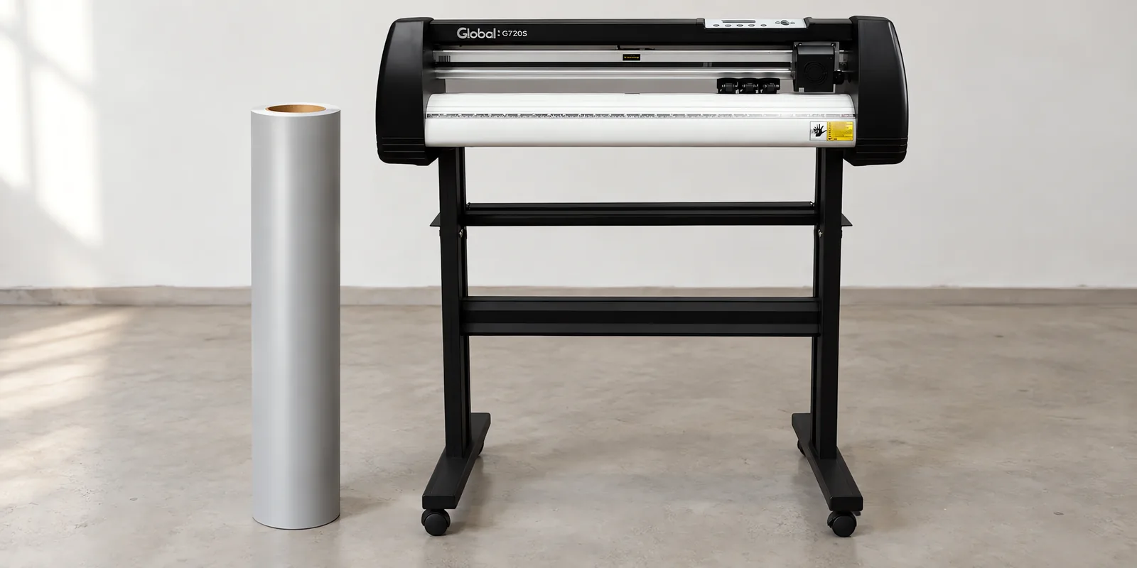 Rollo de vinilo de corte mate, parado junto al plóter de corte