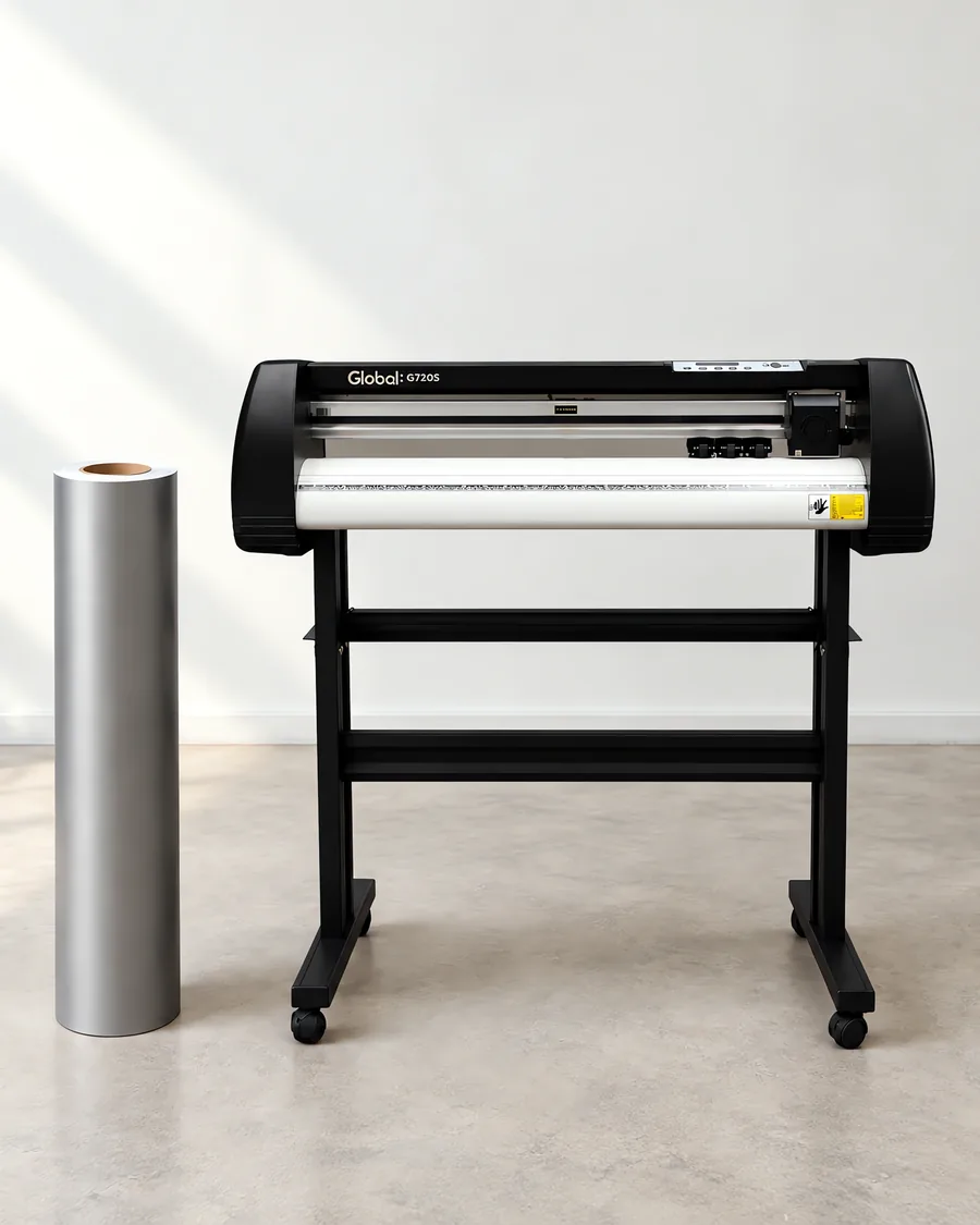 Rollo de vinilo de corte mate, parado junto al plóter de corte