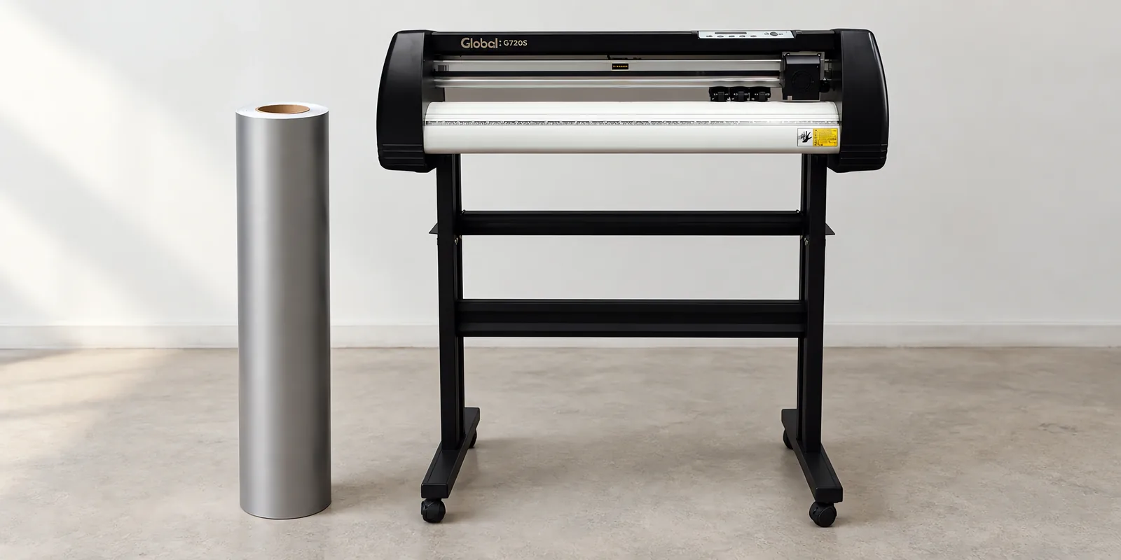 Rollo de vinilo de corte mate, parado junto al plóter de corte