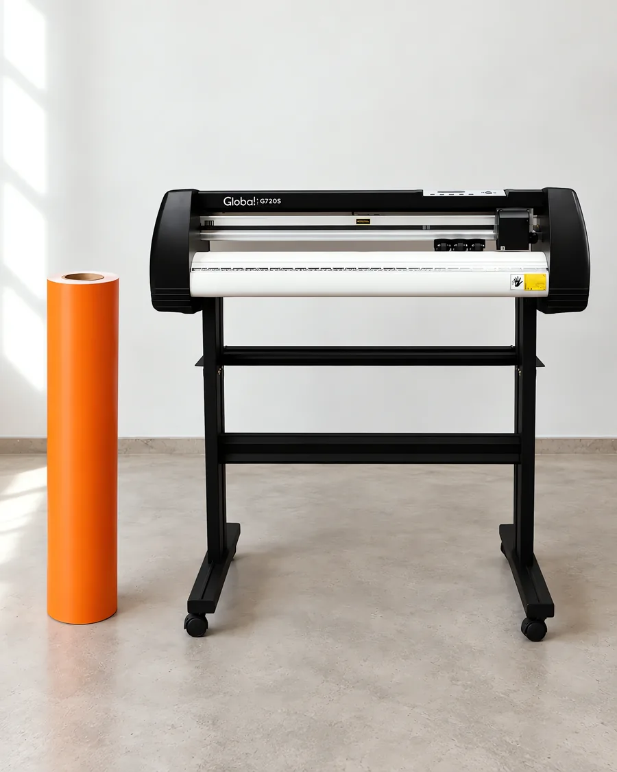 Rollo de vinilo de corte mate, parado junto al plóter de corte