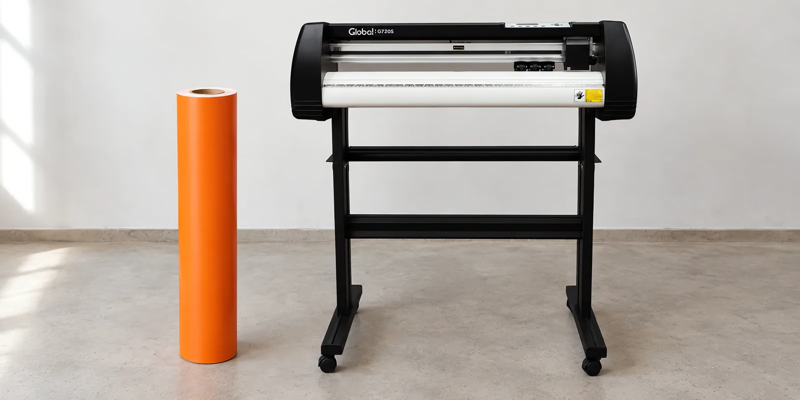 Rollo de vinilo de corte mate, parado junto al plóter de corte