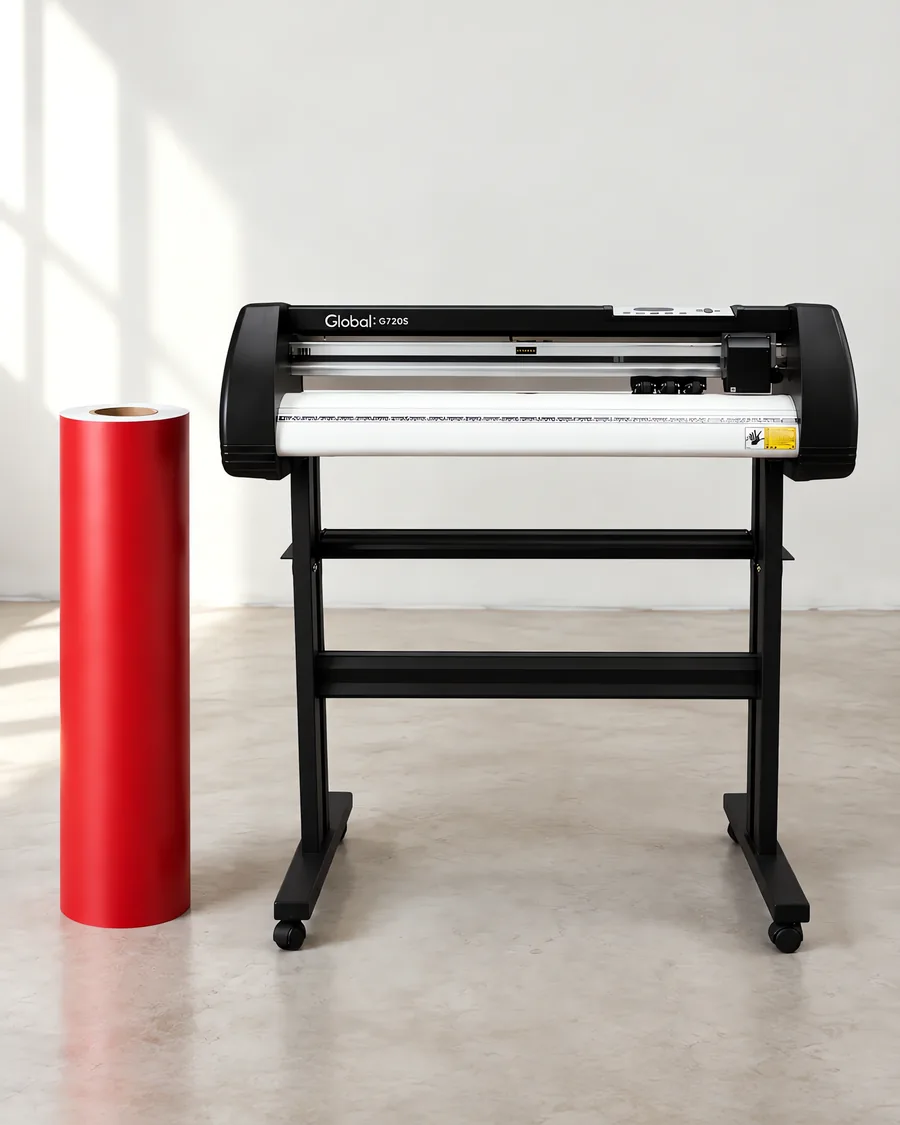 Rollo de vinilo de corte mate, parado junto al plóter de corte