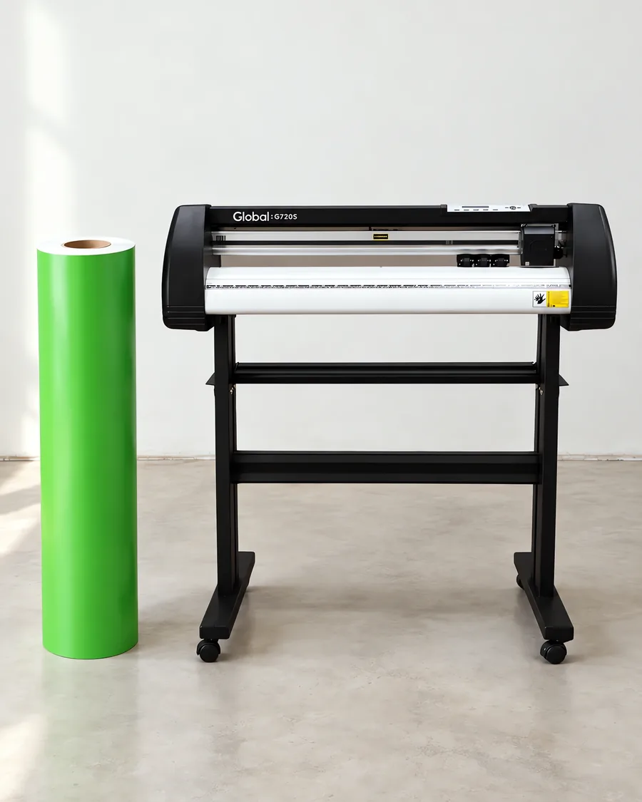 Rollo de vinilo de corte mate, parado junto al plóter de corte