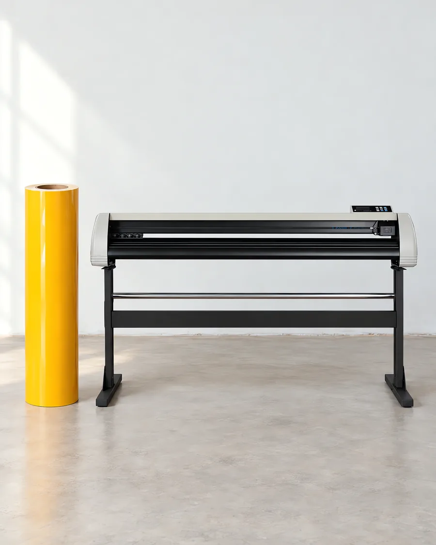 Rollo de vinilo de corte brillante, parado junto al plóter de corte