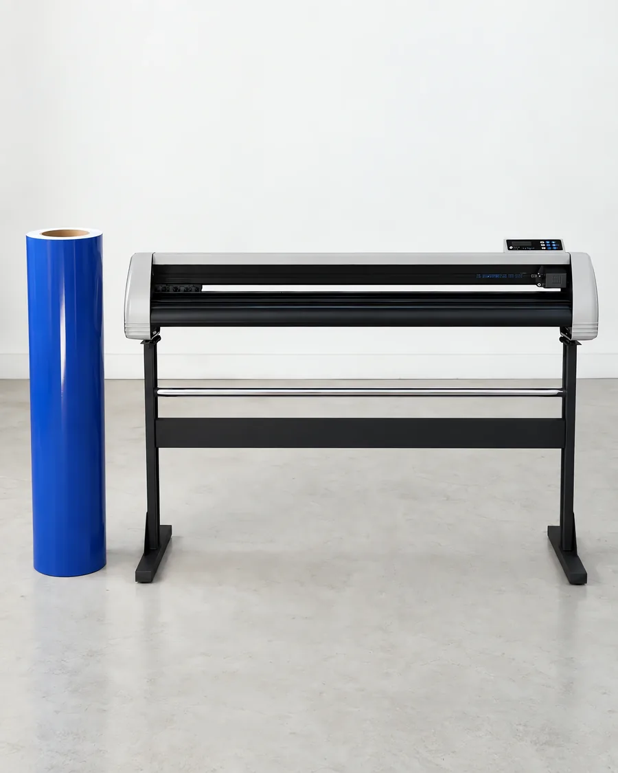 Rollo de vinilo de corte brillante, parado junto al plóter de corte