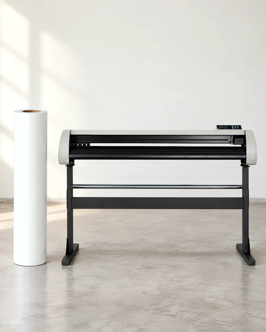 Rollo de vinilo de corte brillante, parado junto al plóter de corte