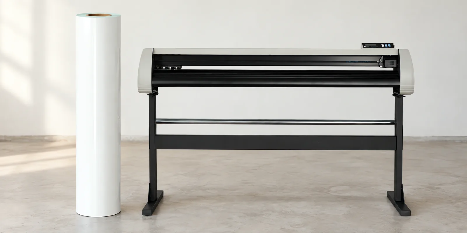 Rollo de vinilo de corte brillante, parado junto al plóter de corte