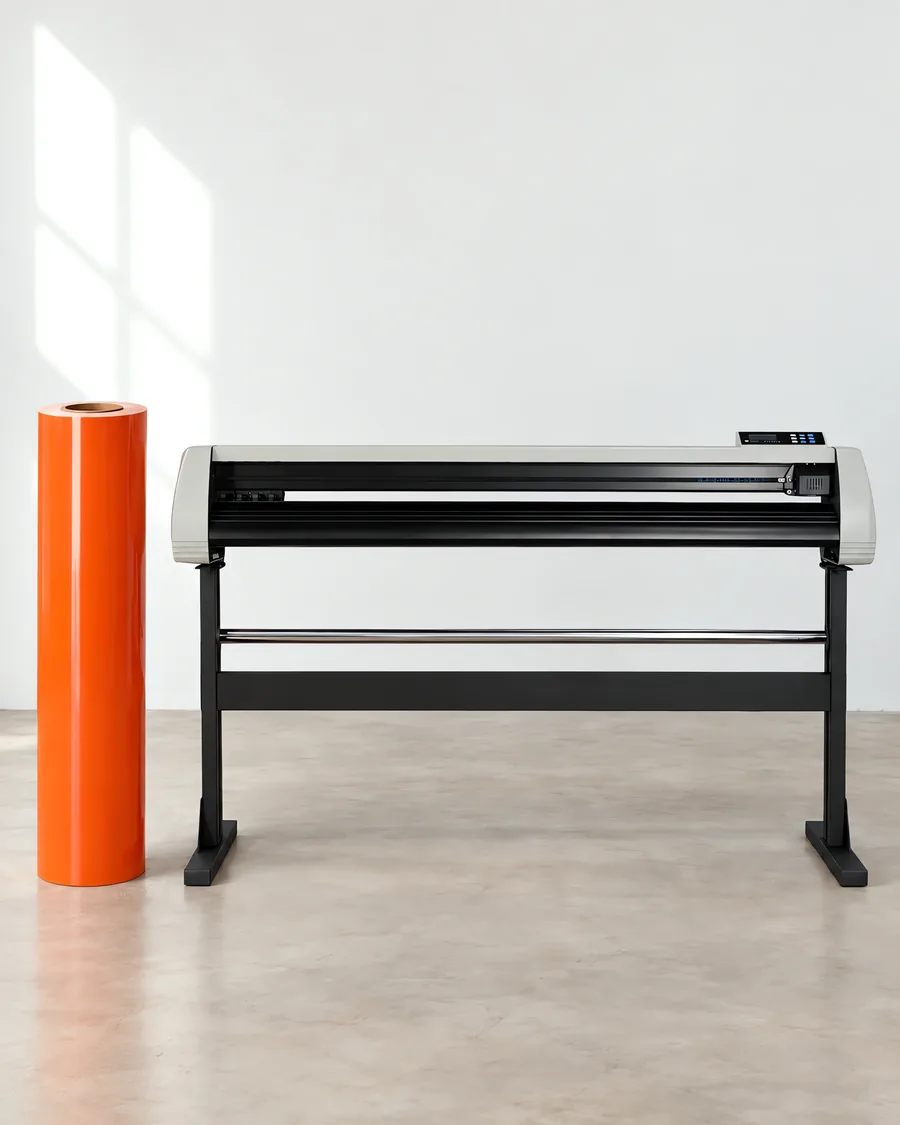 Rollo de vinilo de corte brillante, parado junto al plóter de corte