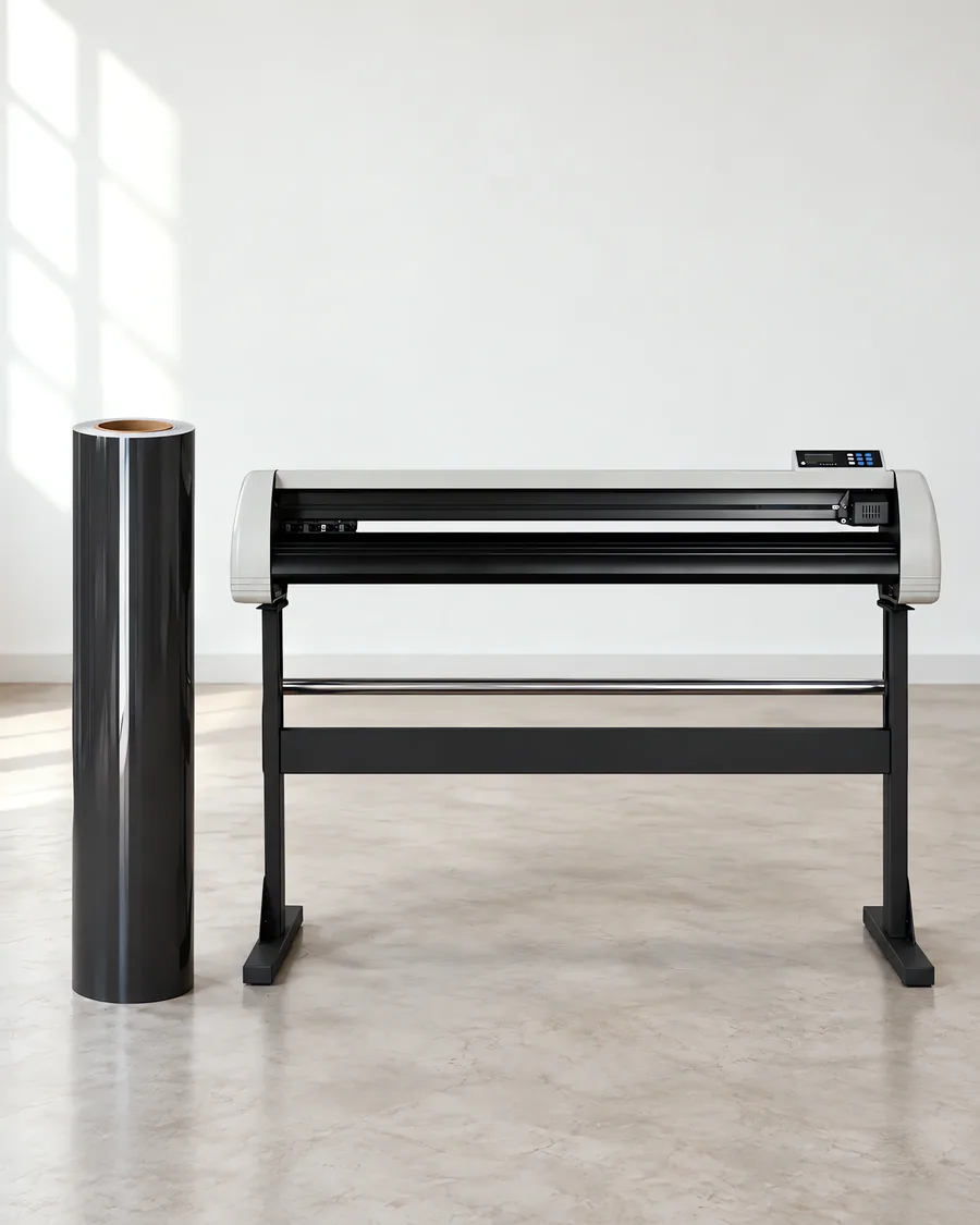 Rollo de vinilo de corte brillante, parado junto al plóter de corte