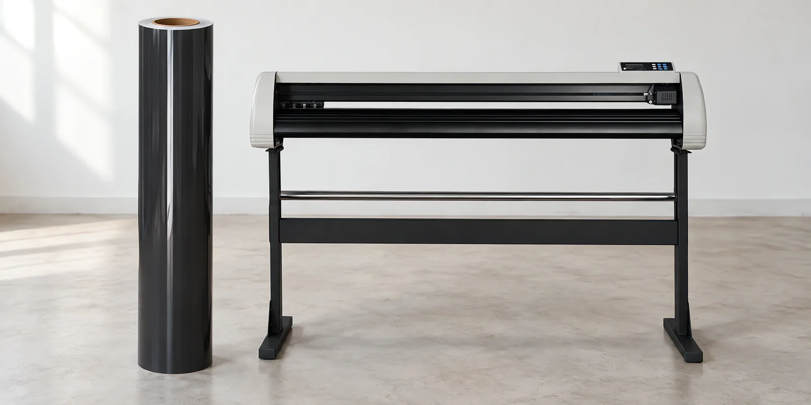 Rollo de vinilo de corte brillante, parado junto al plóter de corte