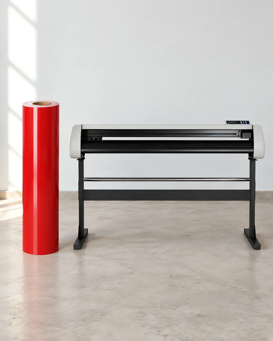 Rollo de vinilo de corte brillante, parado junto al plóter de corte