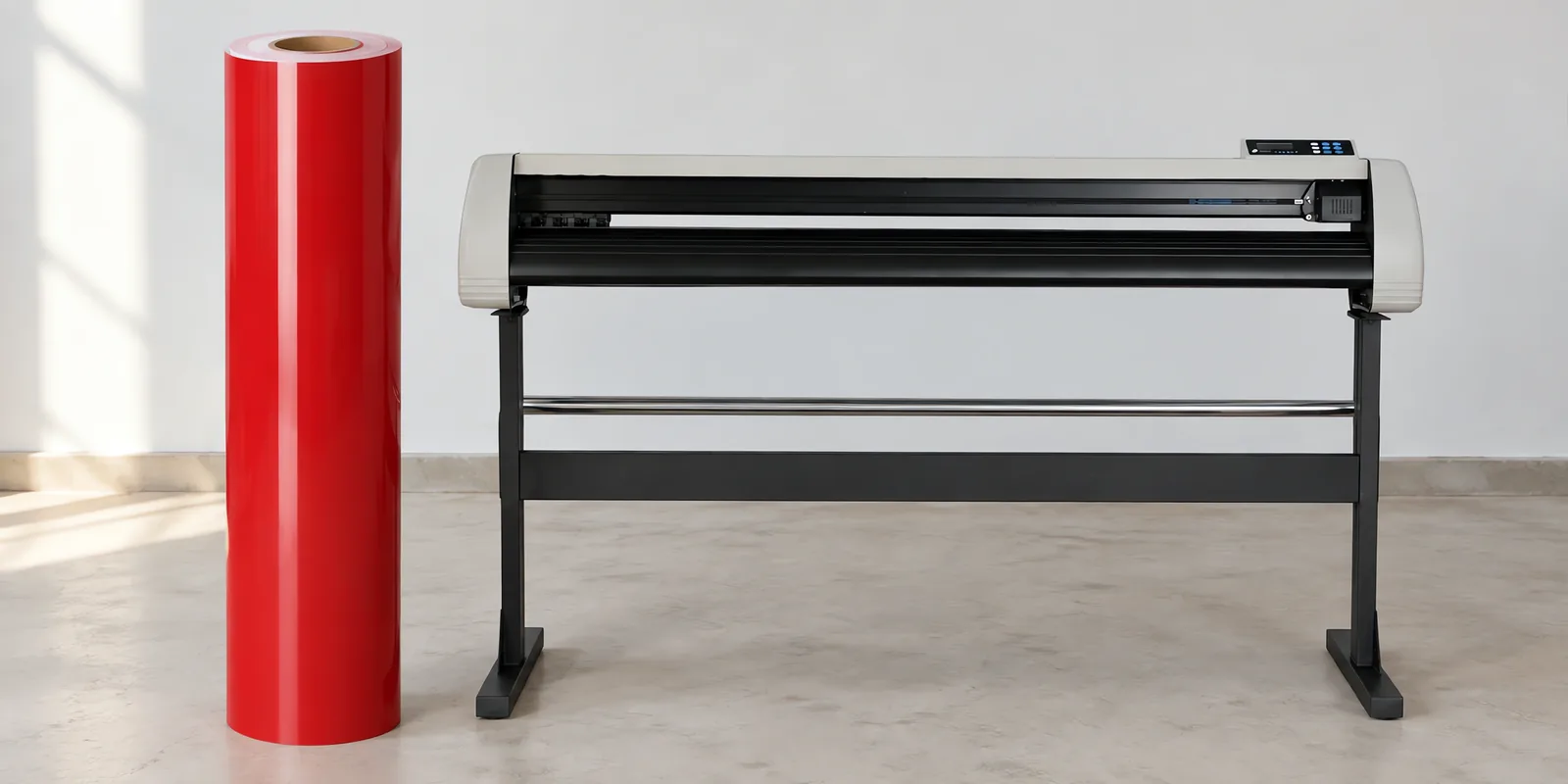 Rollo de vinilo de corte brillante, parado junto al plóter de corte