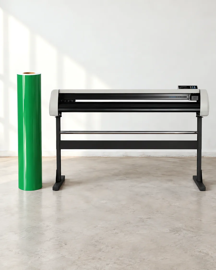 Rollo de vinilo de corte brillante, parado junto al plóter de corte