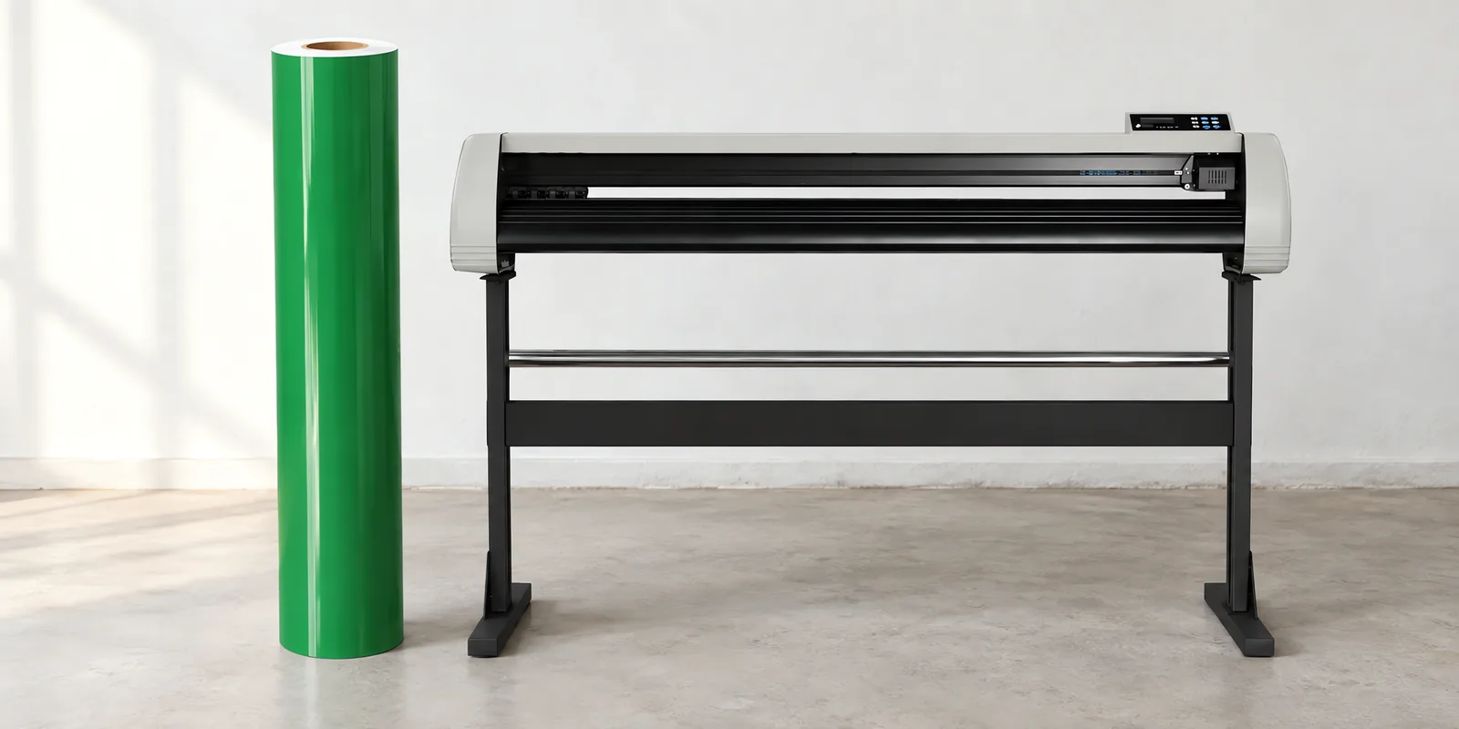 Rollo de vinilo de corte brillante, parado junto al plóter de corte