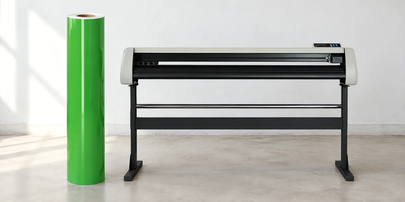 Rollo de vinilo de corte brillante, parado junto al plóter de corte