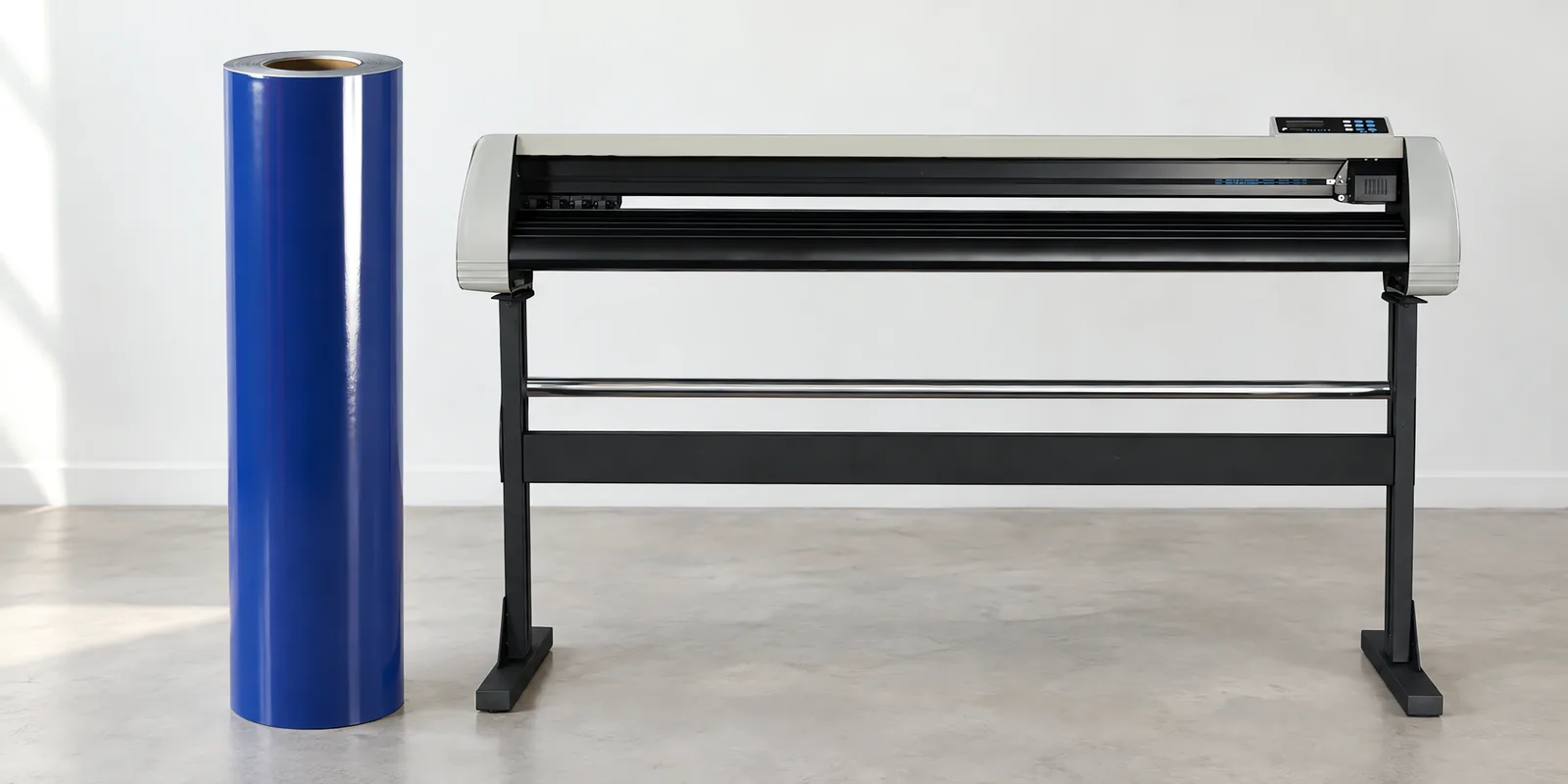 Rollo de vinilo de corte polimérico, parado junto al plóter de corte