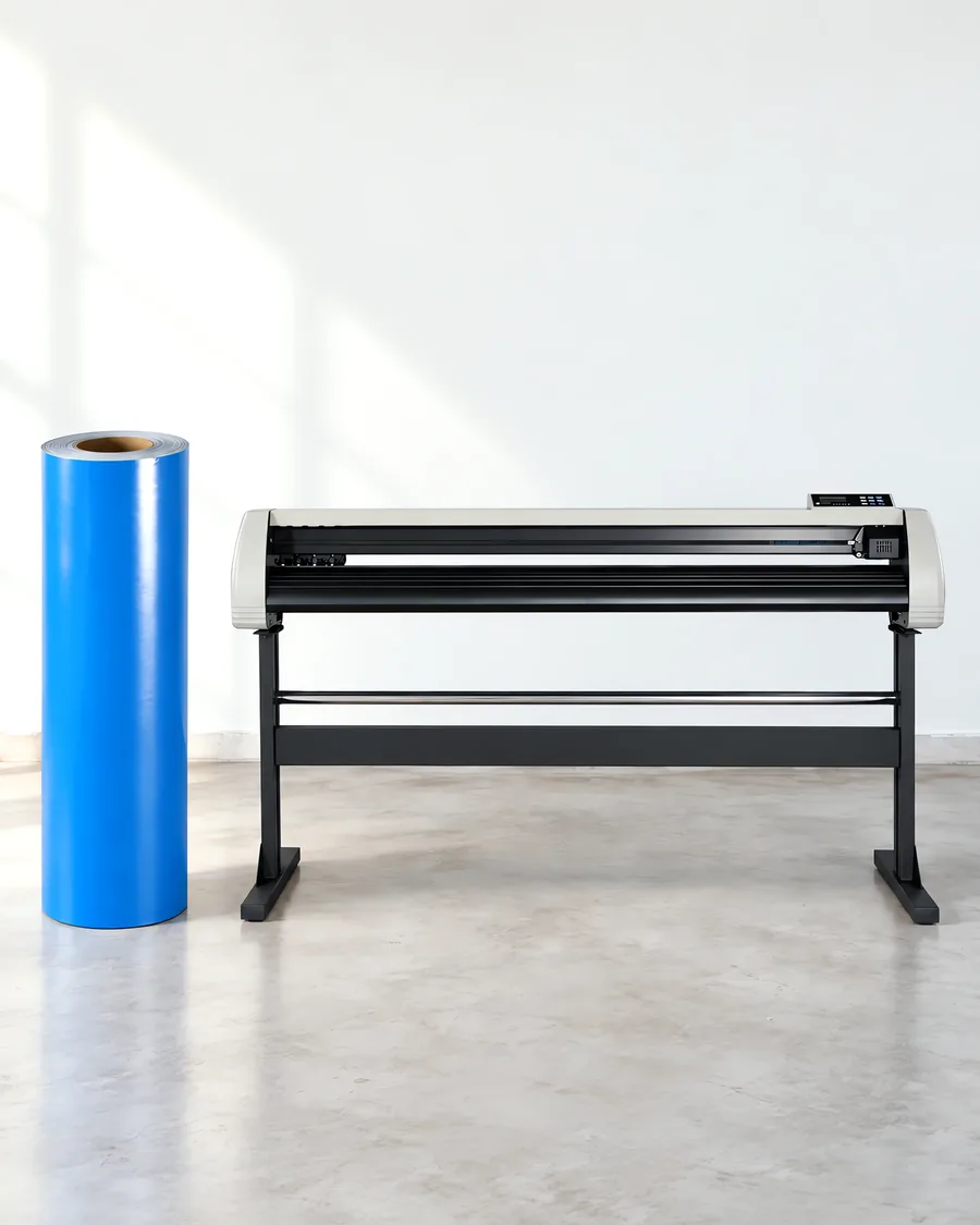 Rollo de vinilo de corte polimérico, parado junto al plóter de corte