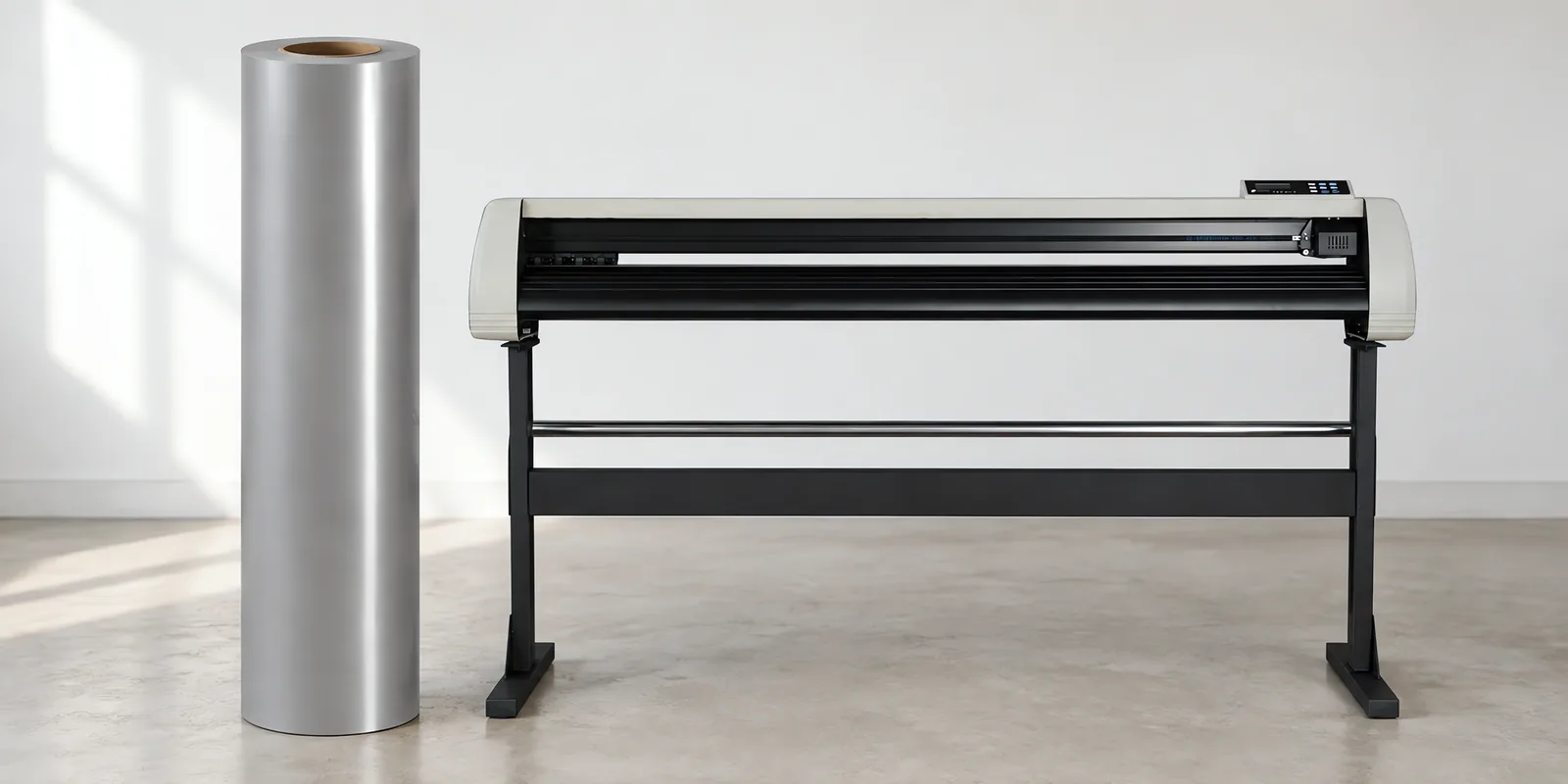 Rollo de vinilo de corte polimérico, parado junto al plóter de corte