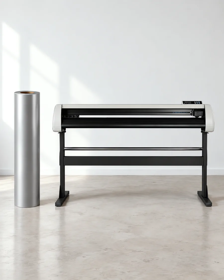 Rollo de vinilo de corte polimérico, parado junto al plóter de corte