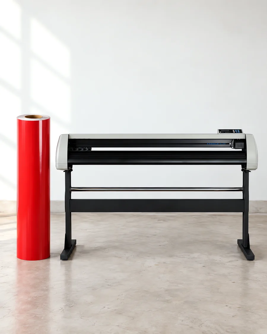 Rollo de vinilo de corte polimérico, parado junto al plóter de corte