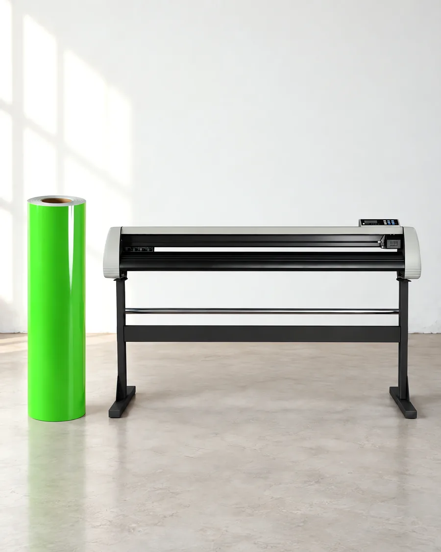 Rollo de vinilo de corte polimérico, parado junto al plóter de corte