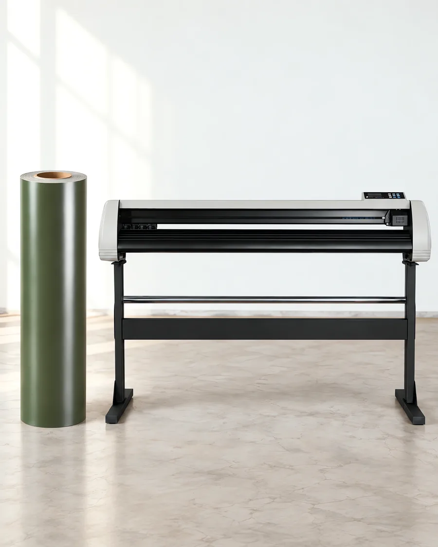 Rollo de vinilo de corte polimérico, parado junto al plóter de corte