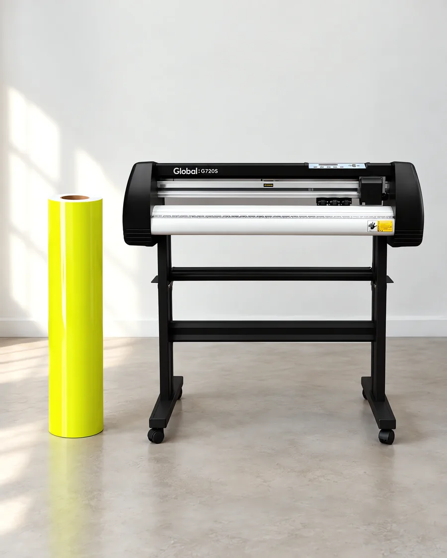 Rollo de vinilo de corte fluo, parado junto al plóter de corte