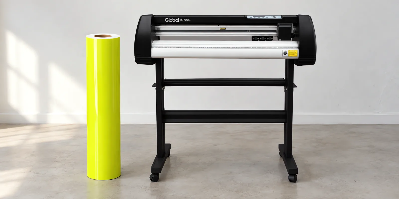 Rollo de vinilo de corte fluo, parado junto al plóter de corte