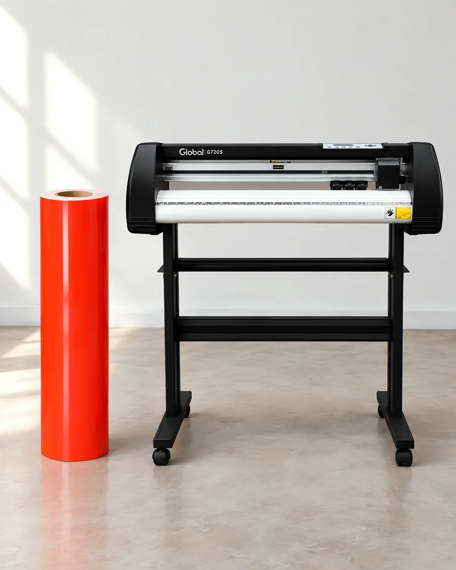 Rollo de vinilo de corte fluo, parado junto al plóter de corte