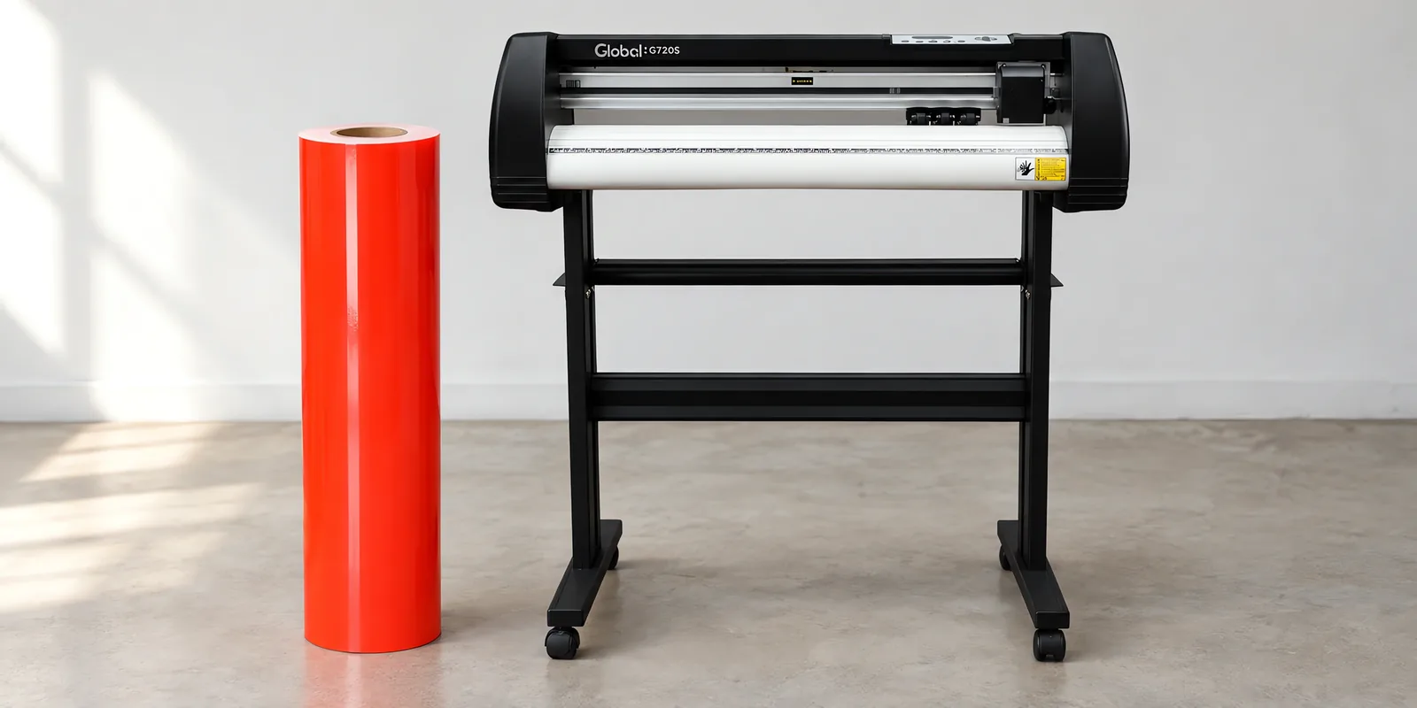 Rollo de vinilo de corte fluo, parado junto al plóter de corte