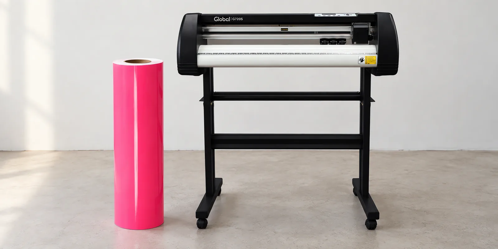 Rollo de vinilo de corte fluo, parado junto al plóter de corte